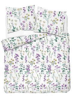 Pościel flanelowa 220x200 biała fioletowe beżowe polne kwiaty