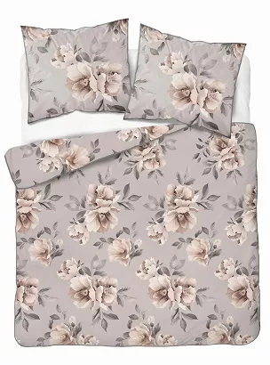 Pościel z perkalu Lamé Percale 220x200 taupe duże beżowe kwiaty ozdobna lamówka biza
