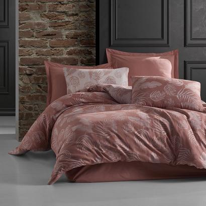 Pościel bawełniana BAHAMA PUDRA 220x200 COTTONLOVE JACQUARD różowa wzór liści