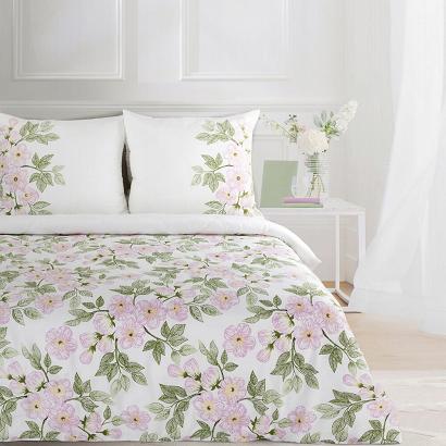 Pościel satynowa NIKA 140x200 Eurofirany biała w różowe zielone kwiaty a'la haft