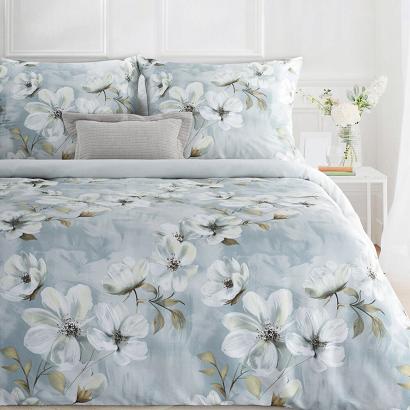 Pościel satynowa SPRING 220x200 Eurofirany jasnoszara niebieska w białe kwiaty