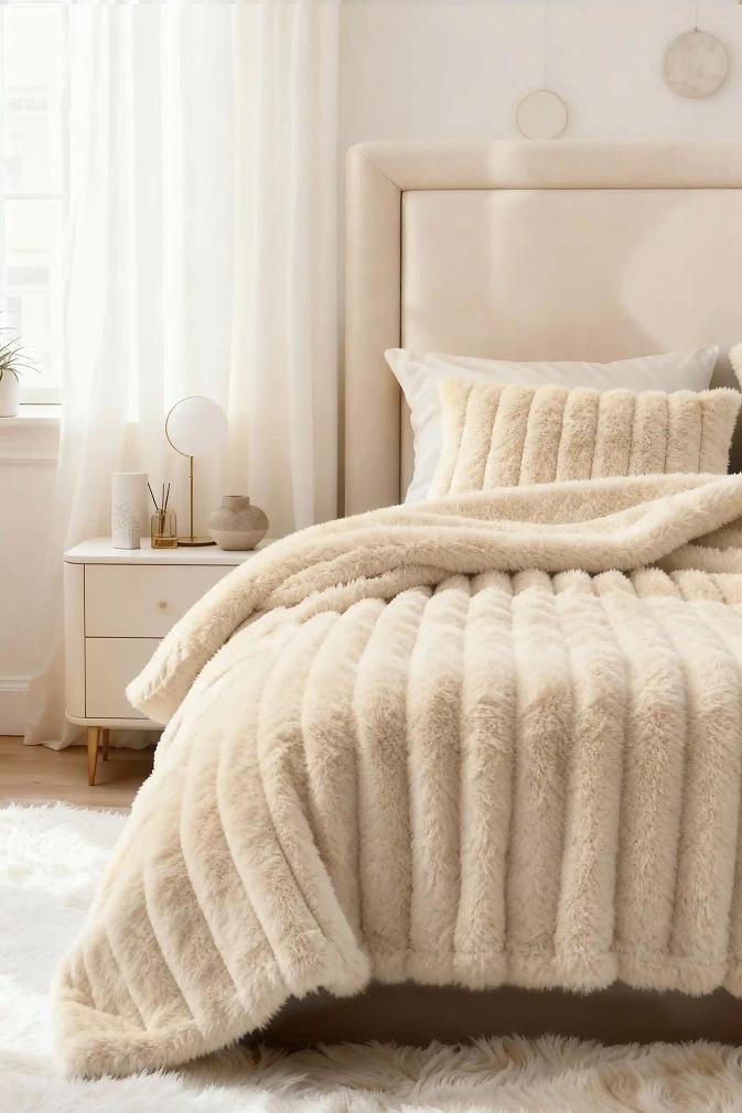 Beżowy Gruby Futrzany Koc z Mikrofibry 200x220 Bunny