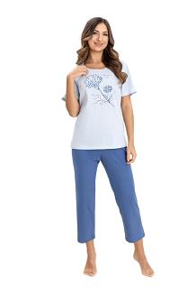 Piżama damska REGINA kod 734 niebieska duży botaniczny nadruk na t-shircie