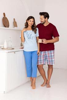 Piżama damska REGINA kod 734 niebieska duży botaniczny nadruk na t-shircie