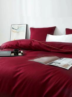 Bordowa Pościel Queen Premium Satyna Bawełniana 140x200 ze Złotą Lamówką Biza