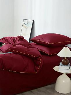 Bordowa Pościel Queen Premium Satyna Bawełniana 140x200 ze Złotą Lamówką Biza