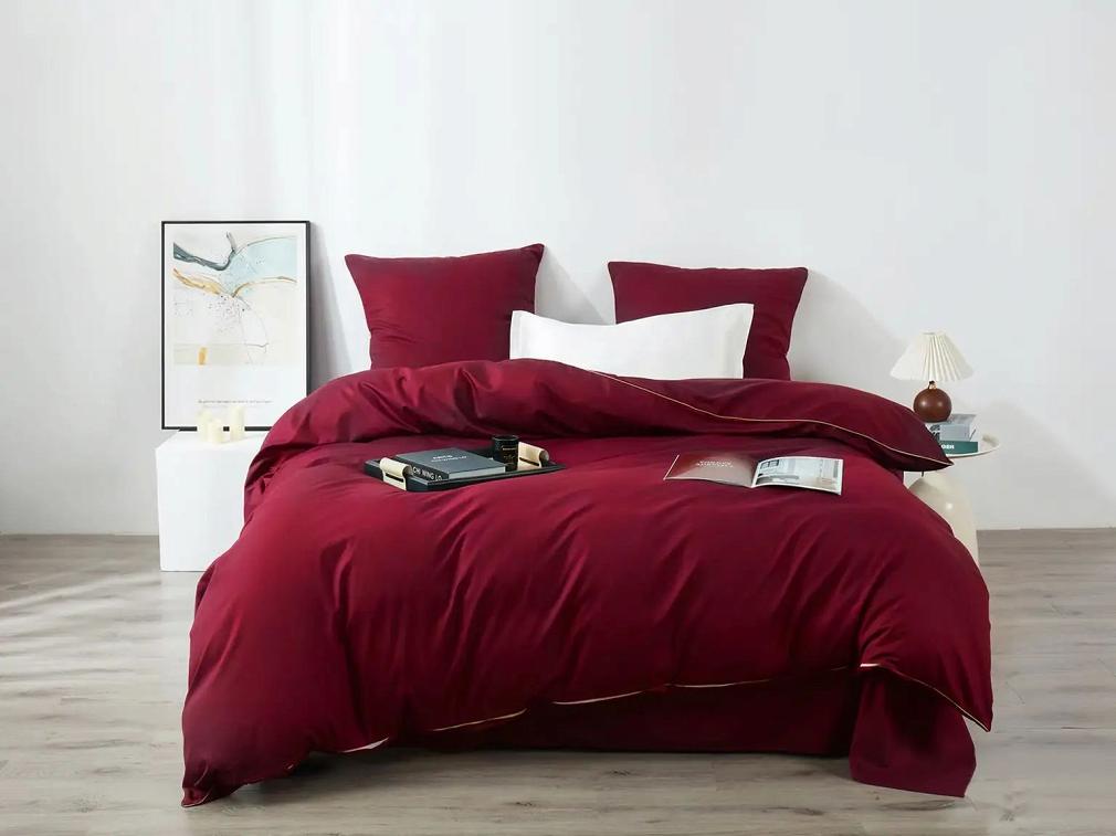 Bordowa Pościel Queen Premium Satyna Bawełniana 140x200 ze Złotą Lamówką Biza