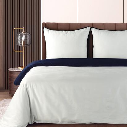 Pościel satynowa LUNARA 160x200 Eurofirany biała granatowa ozdobny sznur