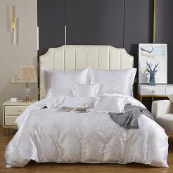 Pościel atłasowa haftowana 160x200 ekskluzywna biała ornamentowy wzór AT004