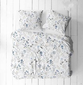 Pościel z satyny luksusowej 140x200 biała niebieska szara letnia łąka