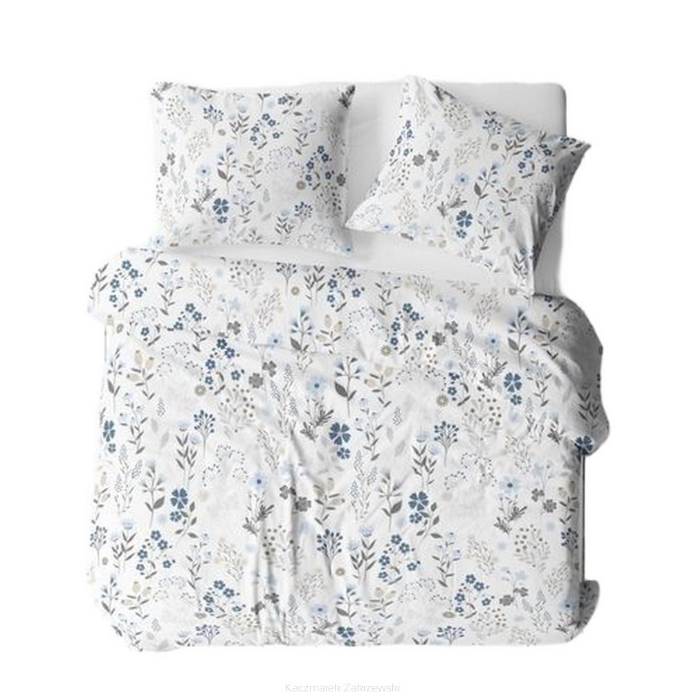 Pościel z satyny luksusowej 140x200 biała niebieska szara letnia łąka