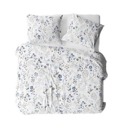 Pościel z satyny luksusowej 140x200 biała niebieska szara letnia łąka