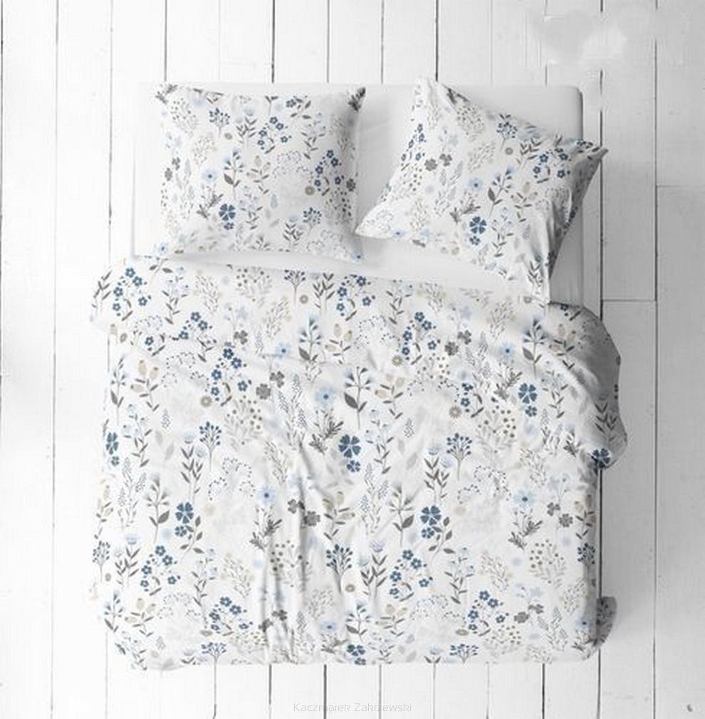 Pościel z satyny luksusowej 160x200 biała niebieska szara letnia łąka