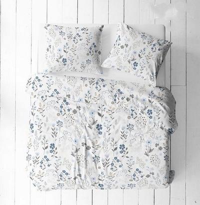 Pościel z satyny luksusowej 160x200 biała niebieska szara letnia łąka