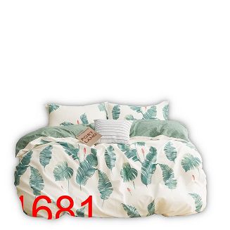 Pościel satynowa 200x220 wzór egzotyczne liście na bieli / zielona kratka