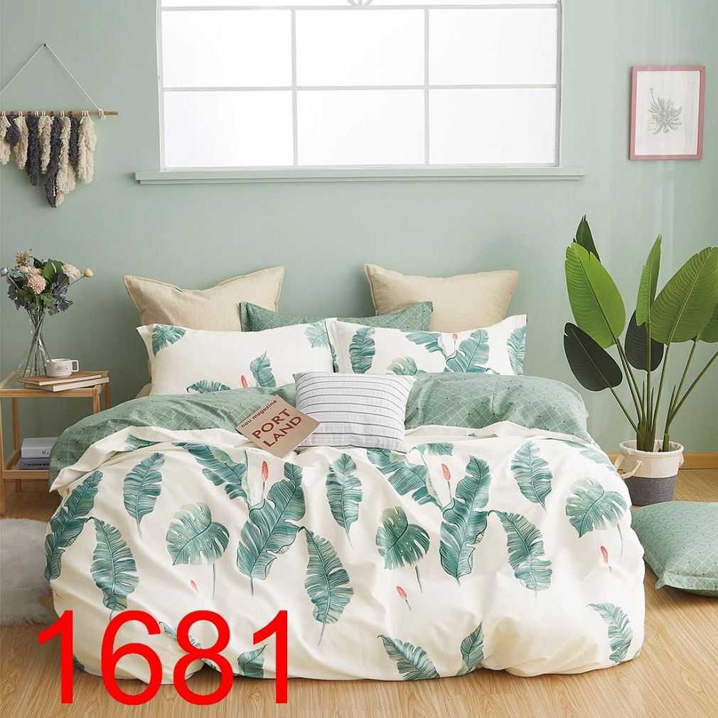 Pościel satynowa 200x220 wzór egzotyczne liście na bieli / zielona kratka