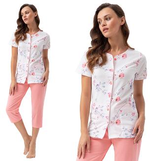 Piżama damska LUNA kod 476 różowa biała w kwiaty rozpinana