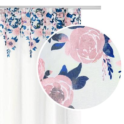 Zasłona gotowa na taśmie MANSION 140x270 biała w różowe granatowe kwiaty