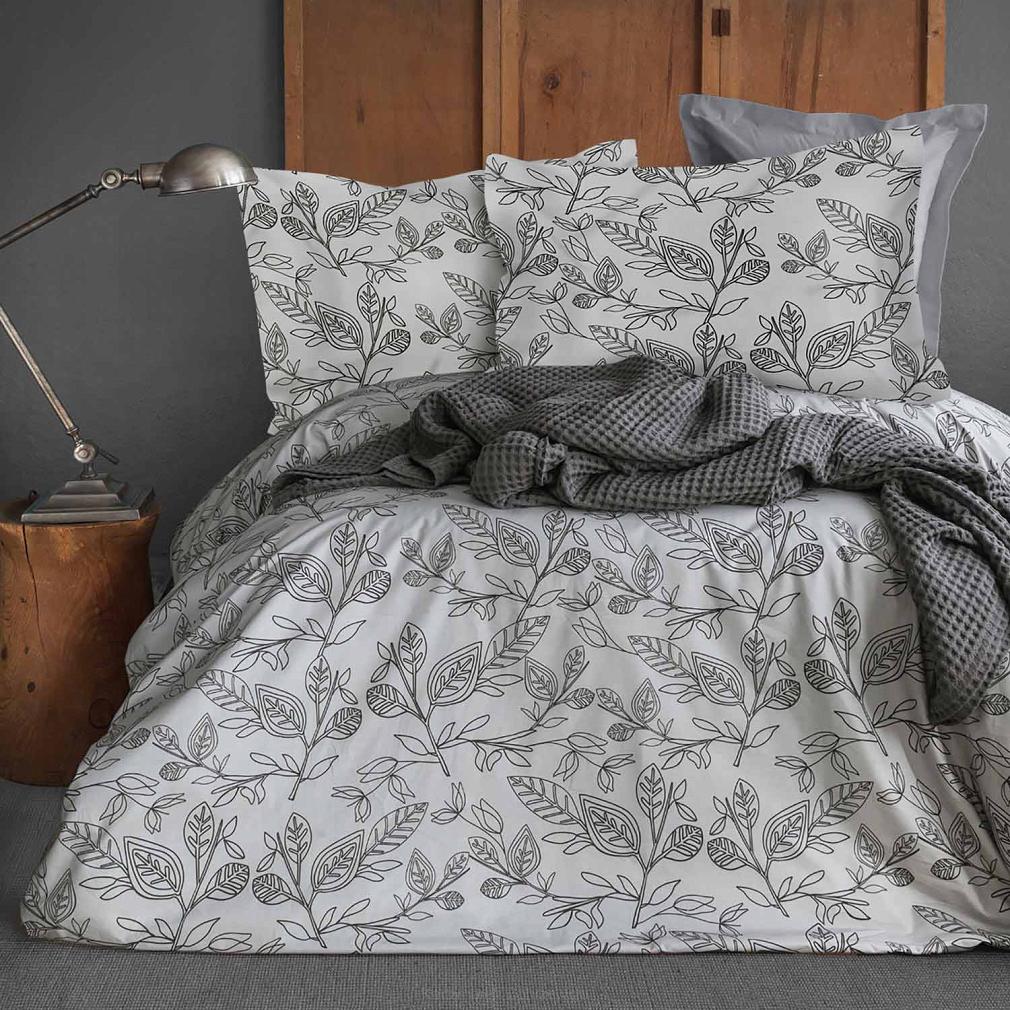Pościel satyna bawełniana SATYNLOVE 220x200 Darymex liście szara czarna