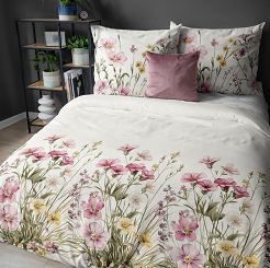 Pościel satynowa 160x200 Detexpol kremowa różowa kwiatowa łąka