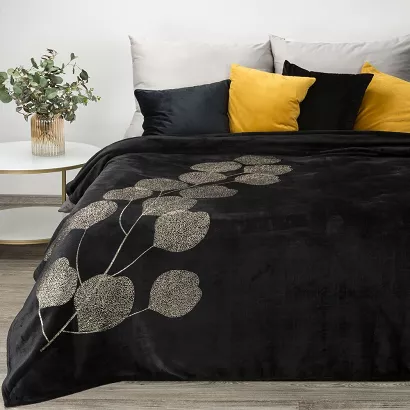 Koc narzuta GINKO2 150x200 Eurofirany czarny w złote gałązki eukaliptusa