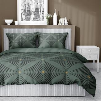 Pościel satynowa 160x200 Detexpol zielona czarna geometryczny wzór a'la kwiaty