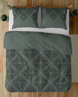 Pościel satynowa 160x200 Detexpol zielona czarna geometryczny wzór a'la kwiaty