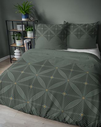Pościel satynowa 160x200 Detexpol zielona czarna geometryczny wzór a'la kwiaty