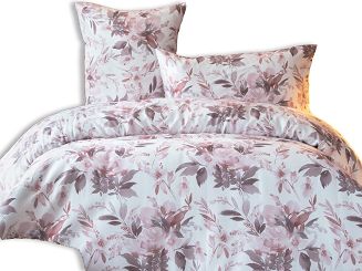 Pościel satyna bawełniana NINNA 200x220 biała pudrowa kwiaty liście LUXURY