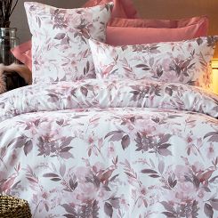Pościel satyna bawełniana NINNA 200x220 biała pudrowa kwiaty liście LUXURY