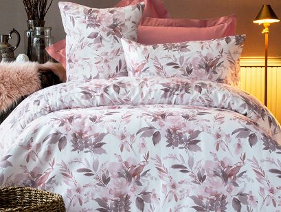 Pościel satyna bawełniana NINNA 200x220 biała pudrowa kwiaty liście LUXURY