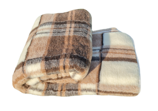 Koc wełniany żakardowy 200x220 krata kremowy brązowy