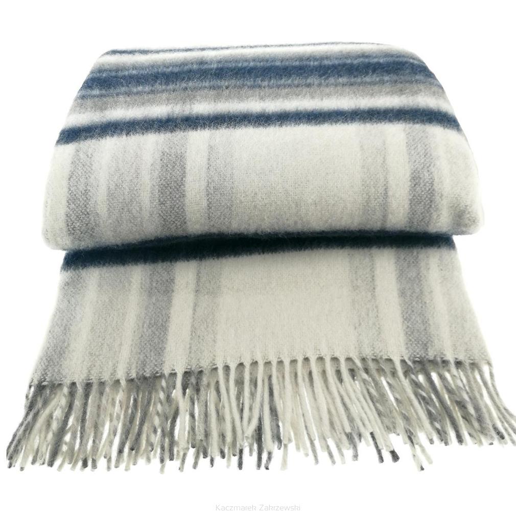 Koc wełniany z frędzlami 100% wełna granatowa krata