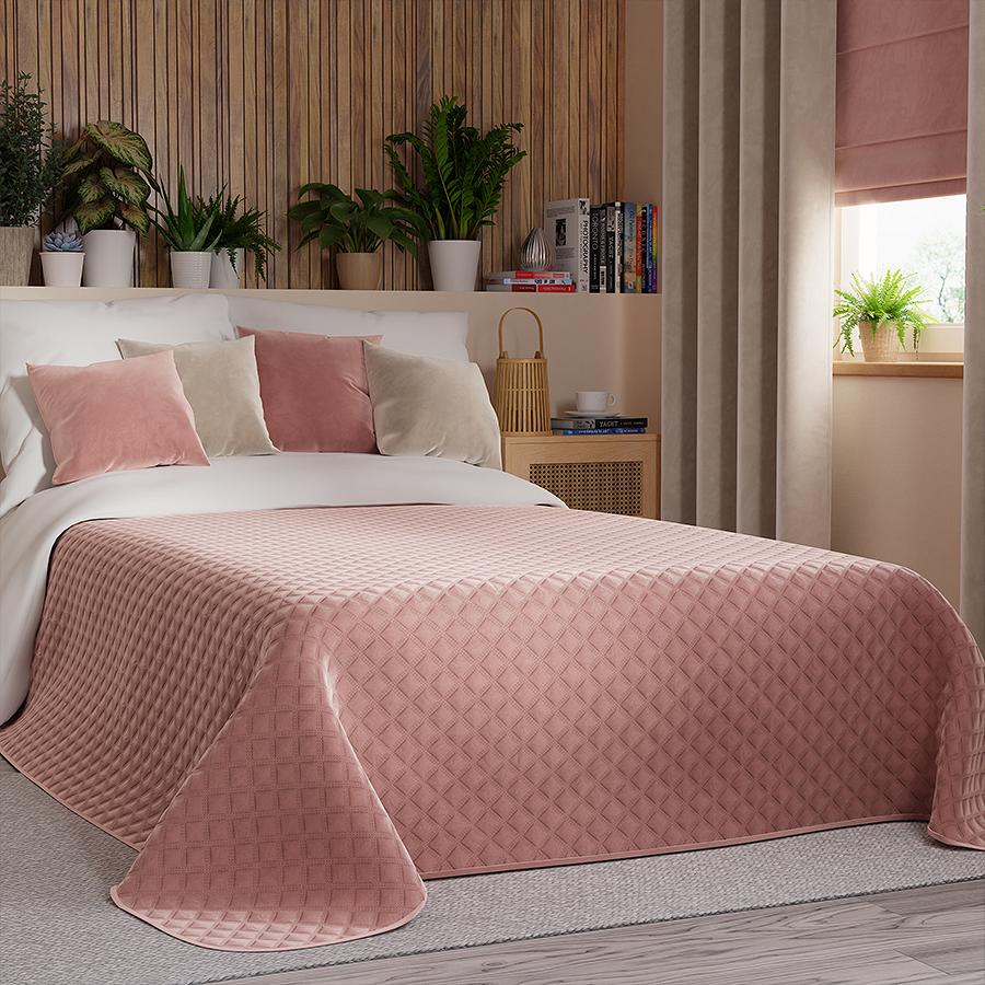 Narzuta dekoracyjna VELVI 220x240 pikowana w geometryczny wzór ciemnopudrowa