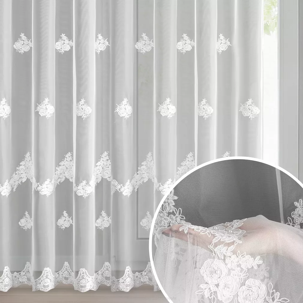 Firana gotowa na przelotkach ISARI 350x250 Eurofirany biała kwiatowy haft perełki