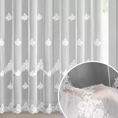 Firana gotowa na przelotkach ISARI 350x250 Eurofirany biała kwiatowy haft perełki