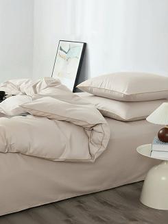 Jasno Beżowa Pościel Queen Premium Satyna Bawełniana 160x200 ze Złotą Lamówką Biza