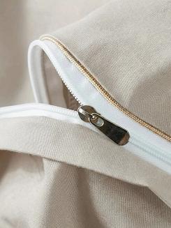 Jasno Beżowa Pościel Queen Premium Satyna Bawełniana 160x200 ze Złotą Lamówką Biza