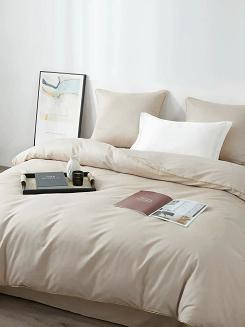Jasno Beżowa Pościel Queen Premium Satyna Bawełniana 160x200 ze Złotą Lamówką Biza