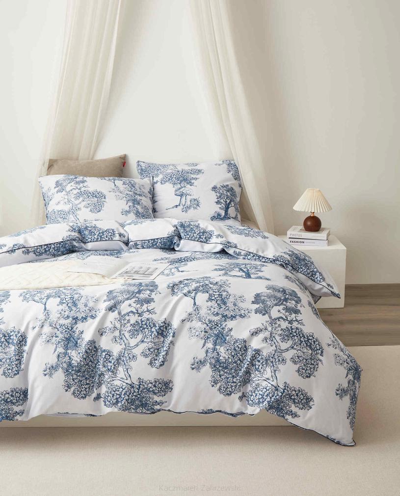 Biała Pościel Vintage z Nadrukiem Satyna Bawełniana 220x200 z Granatową Lamówką Biza