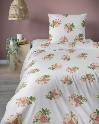 Pościel satynowa Home Satin 140x200 biała w bukiety różowo-kremowych róż
