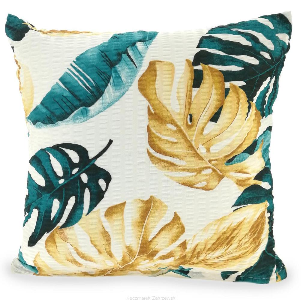 Poszewka z kory 50x60 biała w zielone złote egzotyczne liście