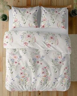 Pościel bawełniana 220x200 Detexpol beżowa pastelowe kwiaty i polne rośliny