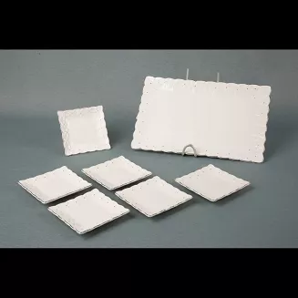 Patera ceramiczna MELRLIN + 6 talerzy biała ze srebrnym brzegiem