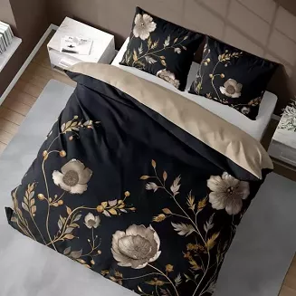 Pościel 3D z mikrofibry 220x200 czarna beżowa stylizowane kwiaty