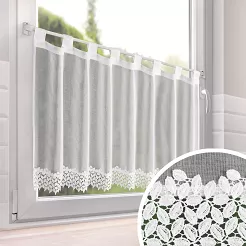 Firana gotowa na szelkach HESTIA 150x70 Eurofirany biała z etaminy koronkowe listki na dole