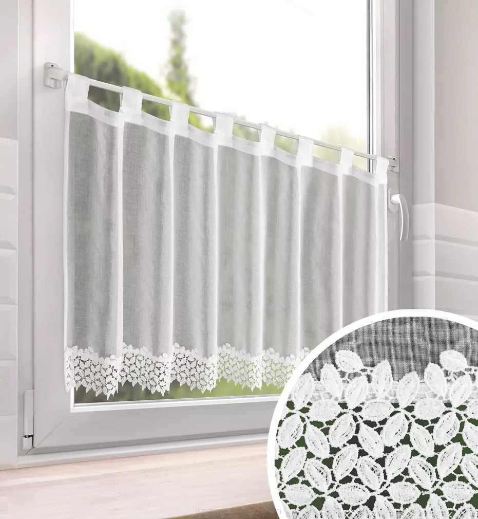 Firana gotowa na szelkach HESTIA 150x70 Eurofirany biała z etaminy koronkowe listki na dole