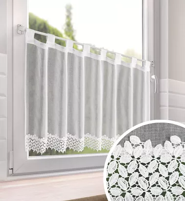 Firana gotowa na szelkach HESTIA 150x70 Eurofirany biała z etaminy koronkowe listki na dole