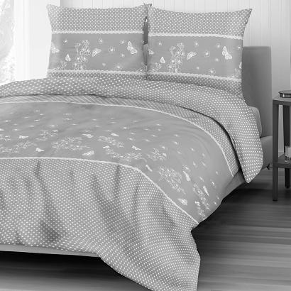 Pościel bawełniana COTTONLOVE 160x200 jasnoszara groszki kwiatki motyle