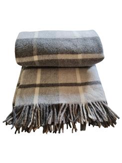 Koc wełniany z frędzlami 160x200 kratka szara grafitowa